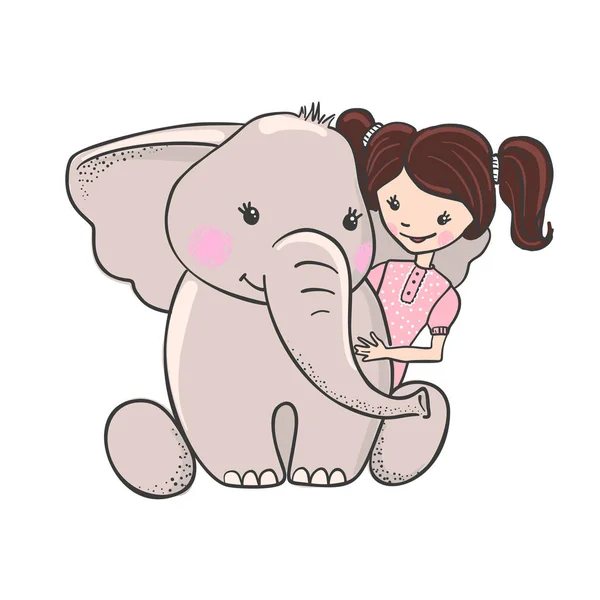 Ładna ręcznie rysowane słoń z dziewczyna. — Wektor stockowy