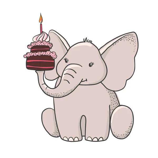 Éléphant dessiné à la main mignon avec gâteau . — Image vectorielle