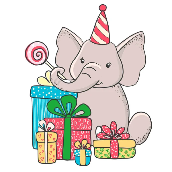 Lindo elefante dibujado a mano con regalos . — Vector de stock
