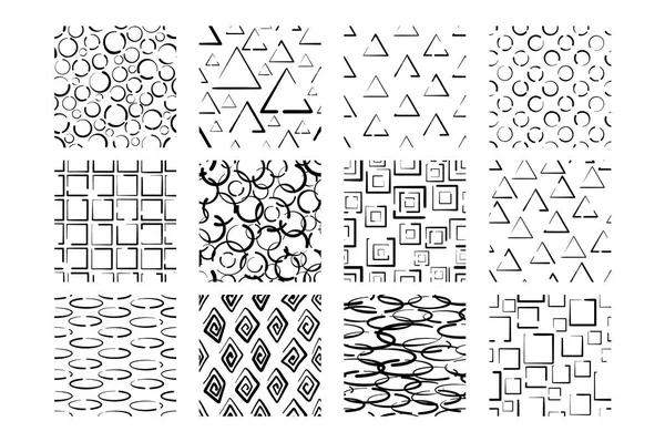 Set of Hand drawn seamless patterns with geometric shapes isolated on white. — Stock Vector