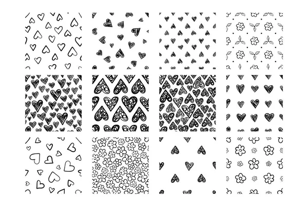 Set of Hand drawn seamless patterns with hearts and flowers isolated on white. — Stock Vector