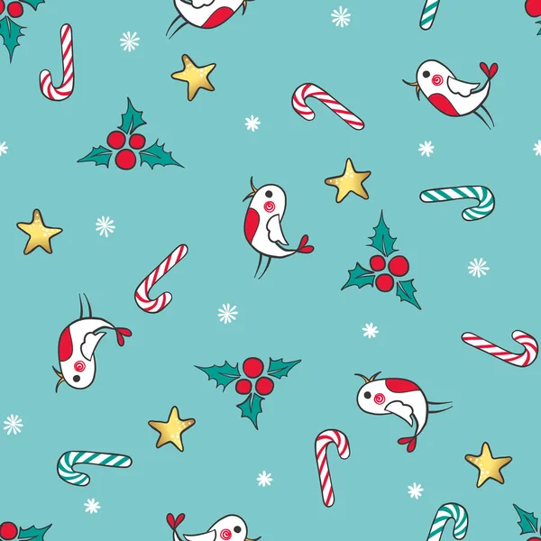 Handgezeichnetes weihnachtliches nahtloses Muster mit niedlichem Vogel, Mistel und Süßigkeiten. — Stockvektor