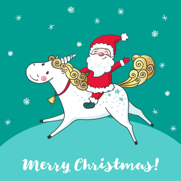 Greeting card with cute unicorn and Santa Claus. — Stock Vector