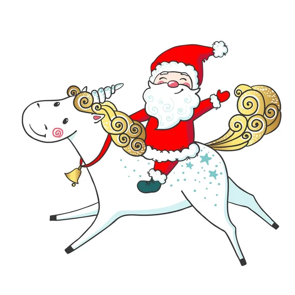 Dibujado a mano lindo Unicornio y Santa Claus . — Vector de stock