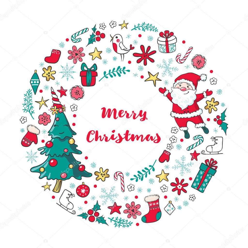 Christmas wreath with Santa Claus, Christmas tree and traditional winter holiday elements. Greeting card in doodle style. Vector illustration.