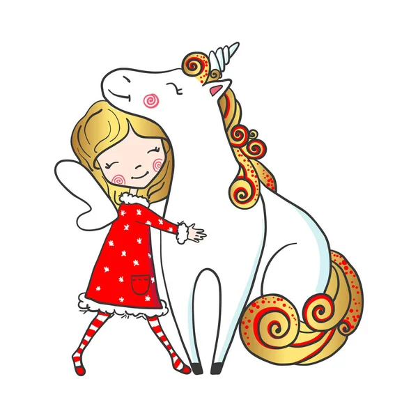 Dibujado a mano linda chica de hadas abrazando unicornio . — Vector de stock