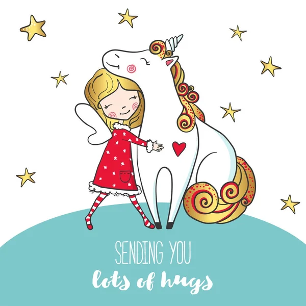 Cartolina con graziosa ragazza che abbraccia l'unicorno . — Vettoriale Stock