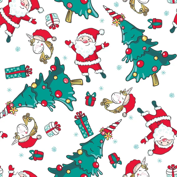 手持麒麟、圣诞老人和圣诞树的手绘无缝图案. — 图库矢量图片