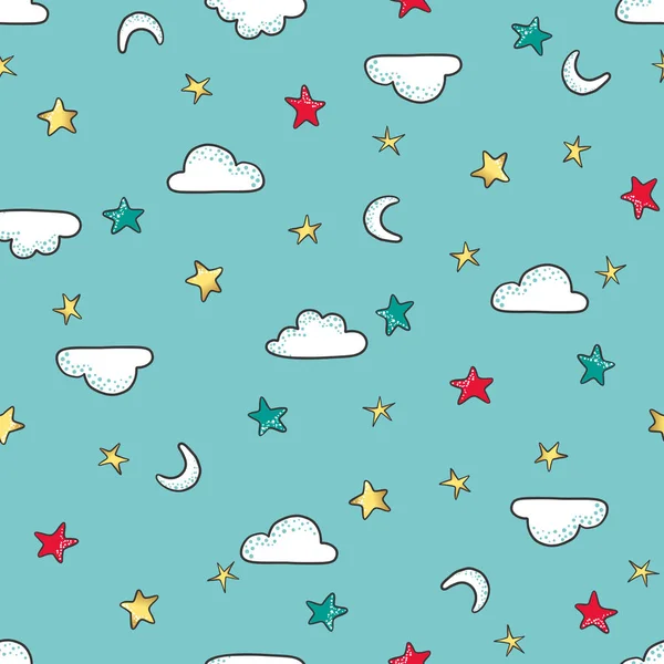 Cute seamless pattern with clouds and stars in sky. — Stock Vector