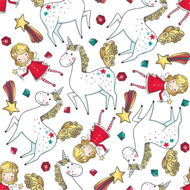 Tek boynuzlu at ve peri ile el çekilmiş seamless modeli.