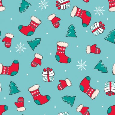 Noel çorap, ağaçlar ve hediyeler ile çizilmiş Noel seamless modeli el.