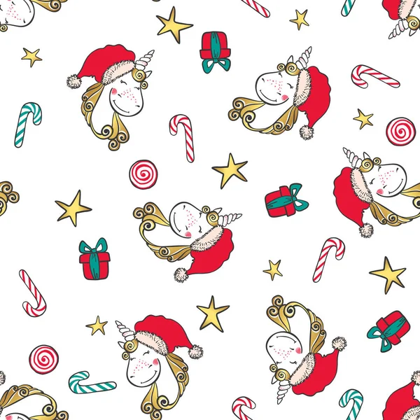 Handgezeichnetes Weihnachtsmuster mit Einhorn, Geschenken und Sternen. — Stockvektor