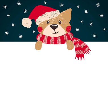 Noel Baba'nın şapkalı beyaz bir afiş tutarak şirin köpek.