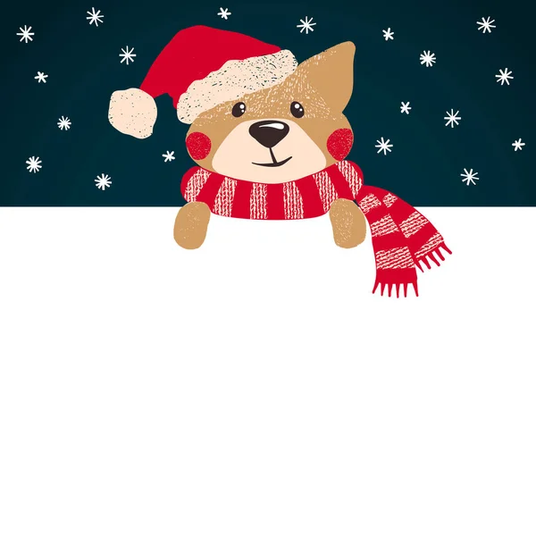 Roztomilý pejsek v Santa klobouk drží bílá Transparent. — Stockový vektor