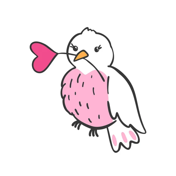 Pájaro dibujado a mano con flor en forma de corazón . — Vector de stock