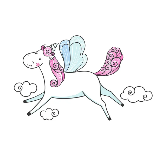 Caricatura dibujada a mano voladora Unicornio . — Vector de stock