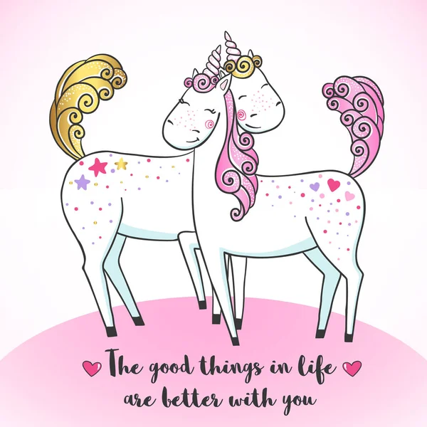 Tarjeta de felicitación con Lindos Unicornios mágicos . — Vector de stock