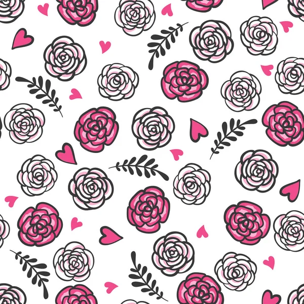 Ručně Tažené Bezešvé Vzor Růží Srdcí Pojetí Lásky Vektorové Ilustrace — Stockový vektor