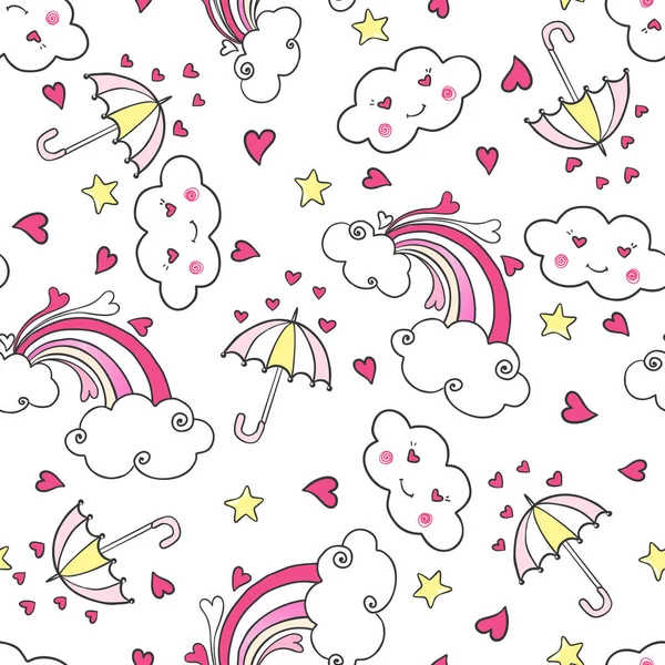 Handgezeichnetes Nahtloses Muster Mit Regenbogen Wolken Regenschirm Und Herzen Vektorillustration — Stockvektor