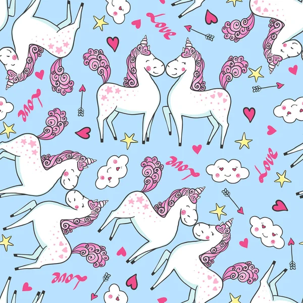 Set Hand Drawn Seamless Pattern Cute Unicorns Falling Love Vector — Stock Vector