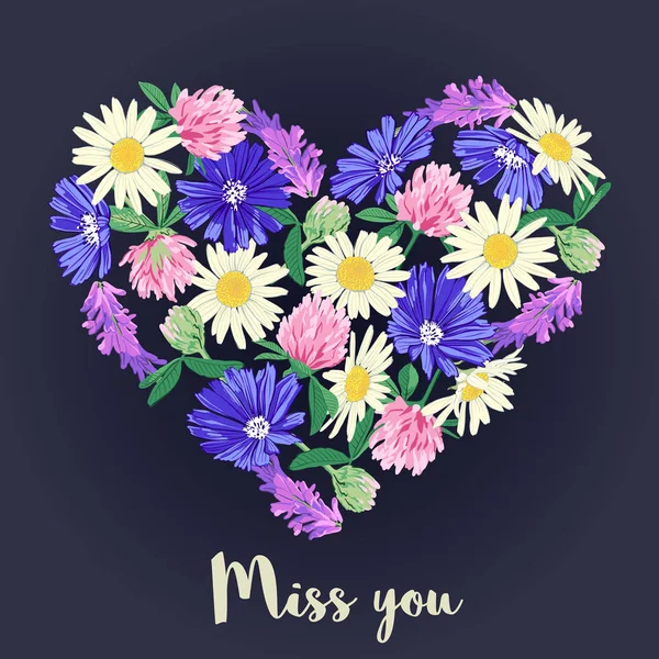 Miss you card with Floral heart. — Stock Vector