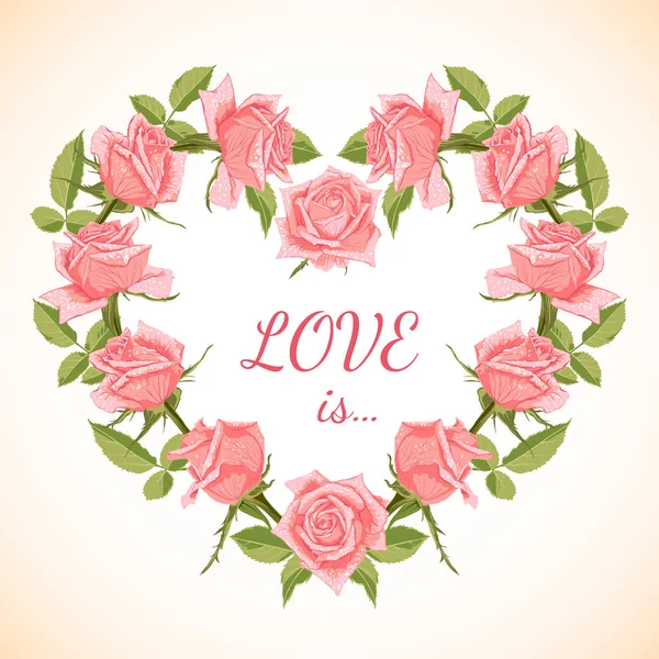 Greeting Card with roses frame in shape of heart. — Stock Vector