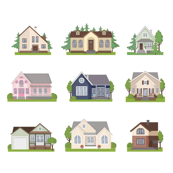 Set van huisje huis pictogrammen in vlakke stijl. — Stockvector