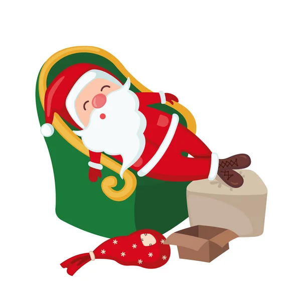 Müde Weihnachtsmann schlafen auf Stuhl isoliert auf weißem Hintergrund. — Stockvektor