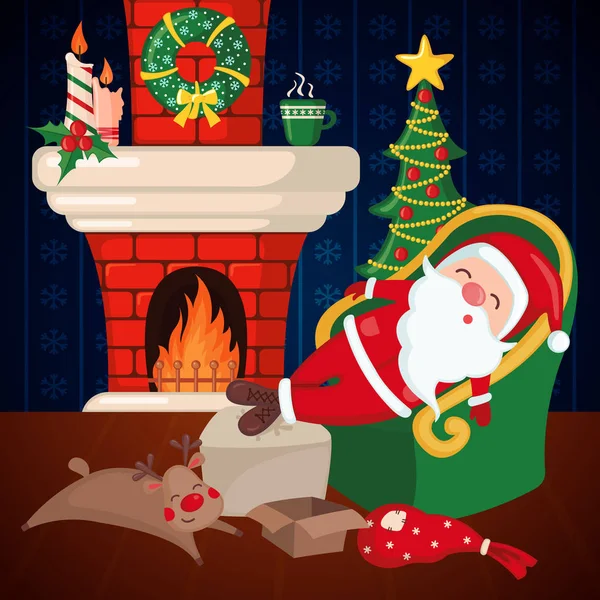 Yorgun Noel Baba ve Geyik şöminenin ve Noel ağacının yanında uyuyor.. — Stok Vektör