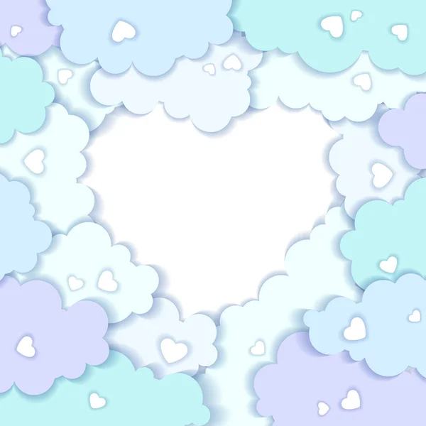 Valentinstag Vektor Hintergrund mit Wolken in Herzform in Papier-Art-Stil . — Stockvektor