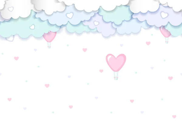Valentinstag Vektor Hintergrund mit Wolken und Luftballons in Herzform in Papier-Art-Stil . — Stockvektor
