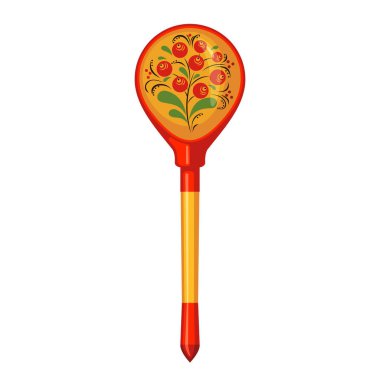 Vector wooden spoon with Khokhloma painting in flat style isolated on white background.