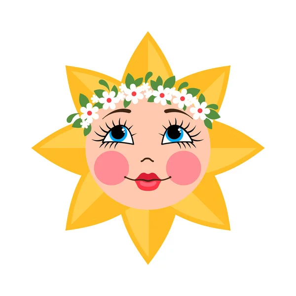Schattige zon vector icoon in platte stijl geïsoleerd op witte achtergrond als symbool van Maslenitsa of Shrovetide. — Stockvector