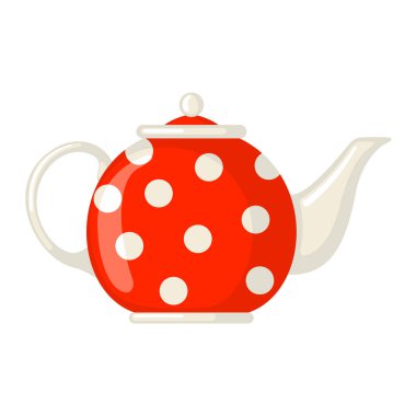 Red porcelain teapot with polka dot pattern isolated on white background.