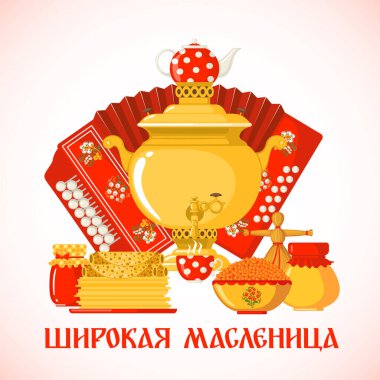 Maslenitsa or Shrovetide vector greeting card in flat style isolated on white background.