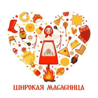 Maslenitsa or Shrovetide vector greeting card in heart shape in flat style isolated on white background.