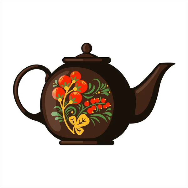 Porcelain teapot with a russian traditional pattern khokhloma isolated on white background. — Stok Vektör