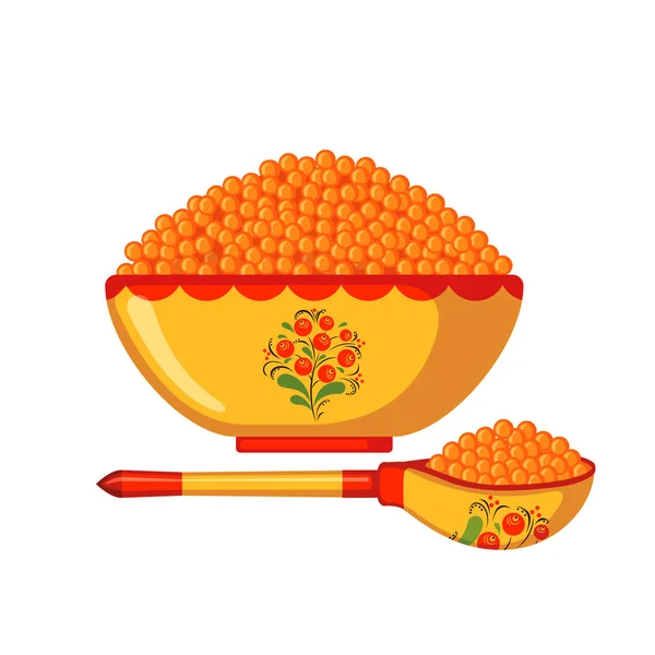 Vector bowl and wooden spoon with red caviar icon in flat style isolated on white background. — 图库矢量图片