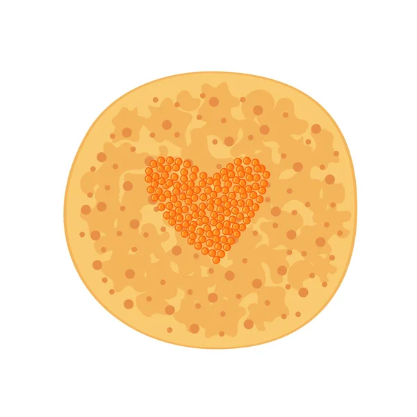 Vector Pancake with red caviar in shape of heart icon in flat style isolated on white background. — Stock Vector