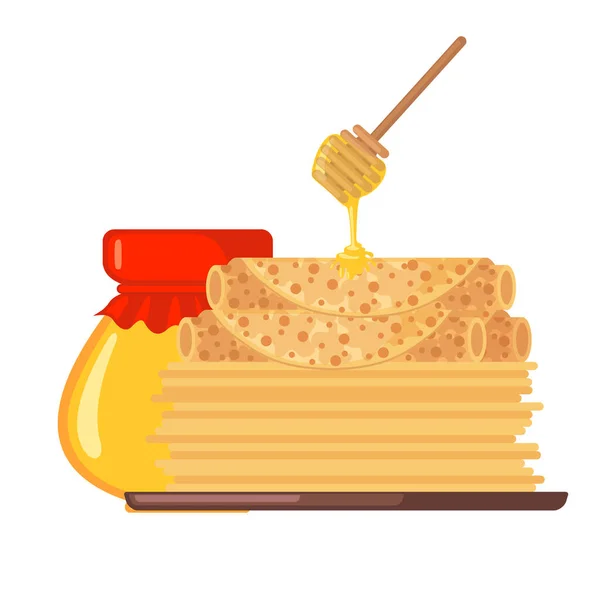 Pila de panqueques con icono de vector de miel en estilo plano aislado sobre fondo blanco . — Archivo Imágenes Vectoriales