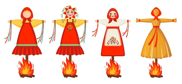 Set of Maslenitsa doll icons in flat style isolated on white background for slavic traditional russian winter festival. — Stock Vector