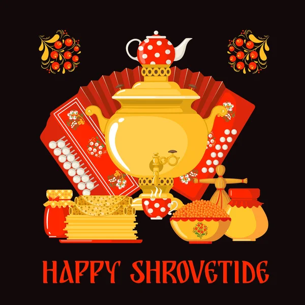 Maslenitsa or Shrovetide vector greeting card in flat style on dark background. — 图库矢量图片