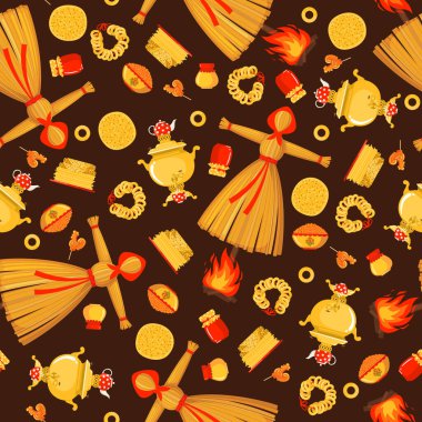 Maslenitsa or Shrovetide vector seamless pattern in flat style on brown background.