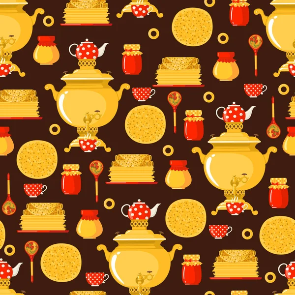 Maslenitsa or Shrovetide vector seamless pattern in flat style on brown background. — 图库矢量图片