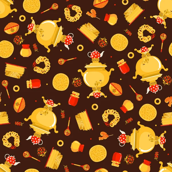 Maslenitsa or Shrovetide vector seamless pattern in flat style on brown background. — ストックベクタ