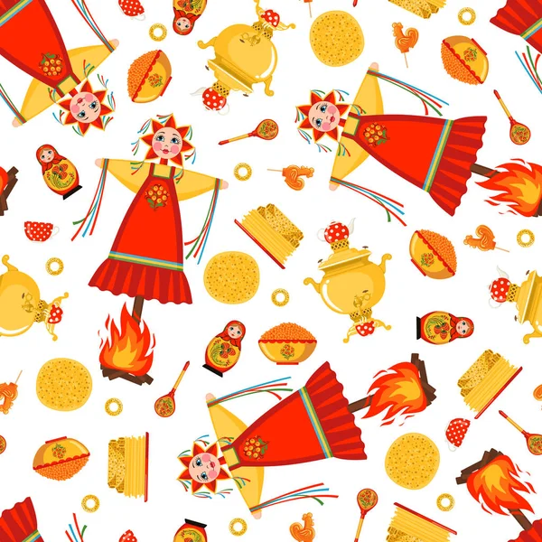 Maslenitsa or Shrovetide vector seamless pattern in flat style isolated on white background. — 스톡 벡터