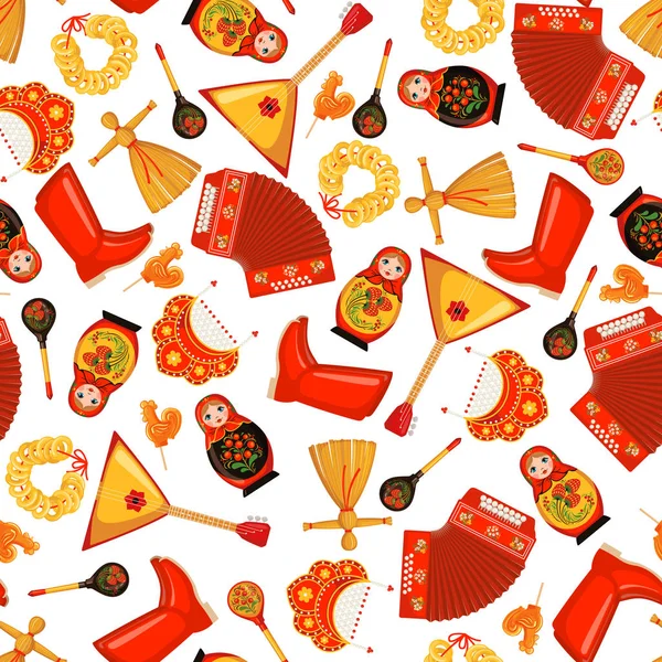 Maslenitsa or Shrovetide vector seamless pattern in flat style isolated on white background. — 图库矢量图片