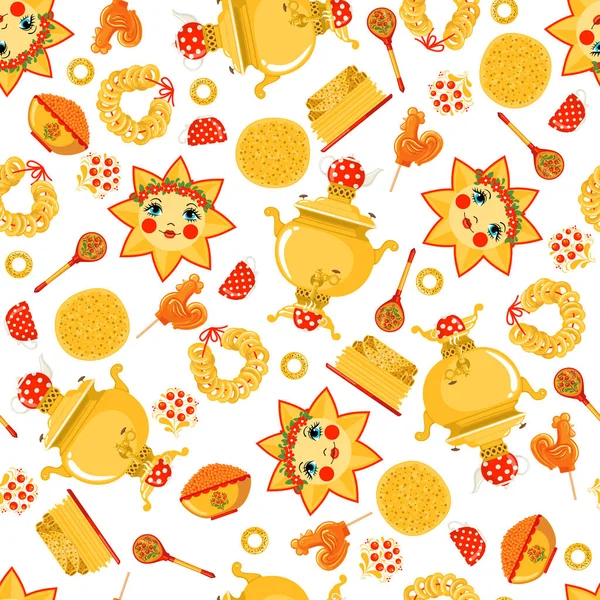 Maslenitsa or Shrovetide vector seamless pattern in flat style isolated on white background. — Stock vektor