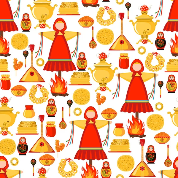 Maslenitsa or Shrovetide vector seamless pattern in flat style isolated on white background. — ストックベクタ