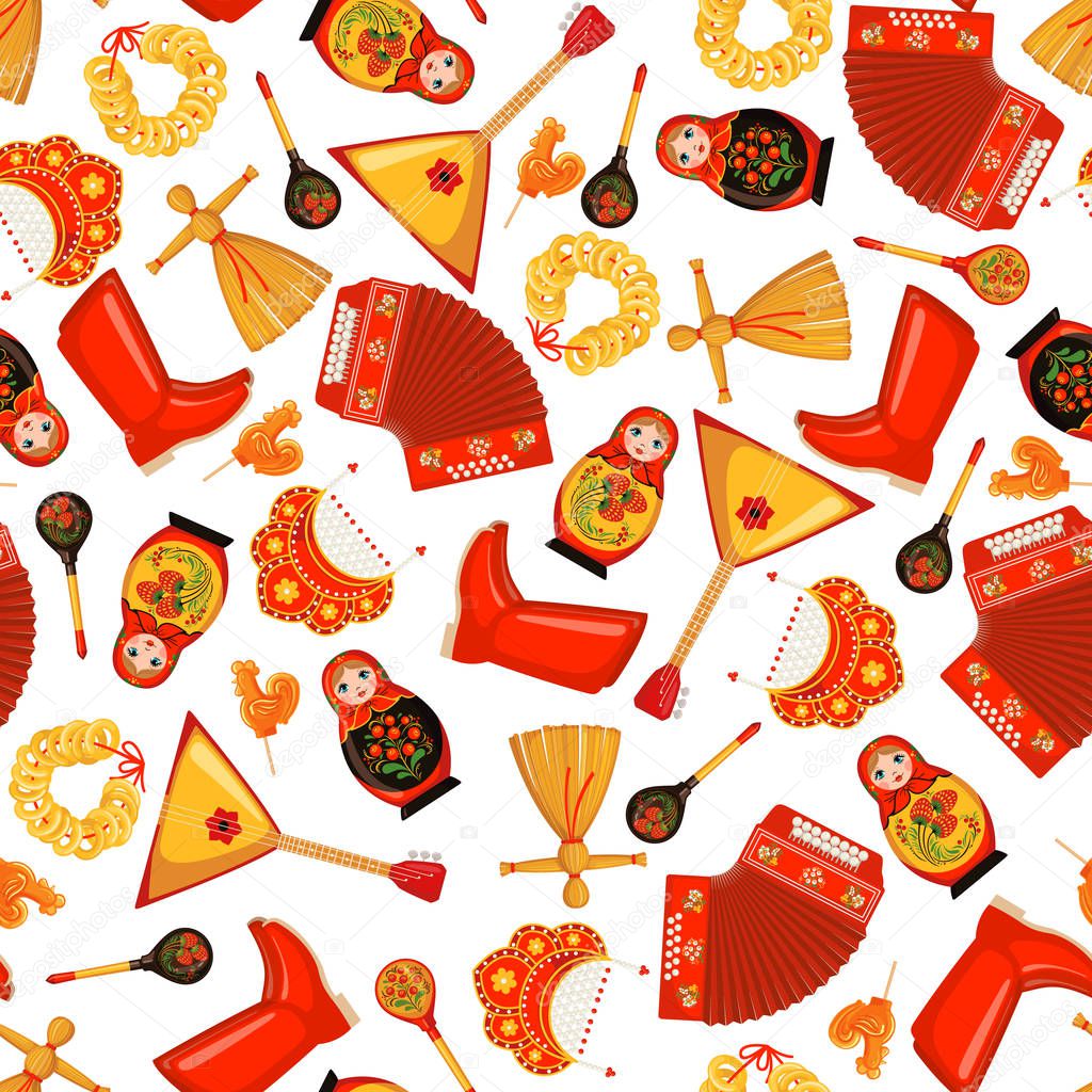 Maslenitsa or Shrovetide vector seamless pattern in flat style isolated on white background.